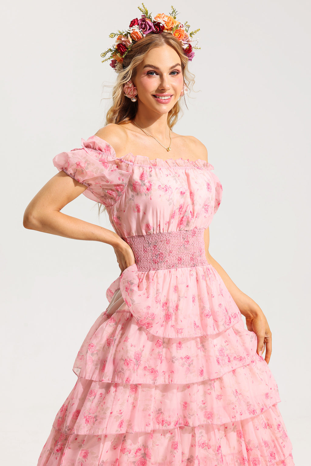 Ruffle Pleated Off-shoulder Midi Dress Pink