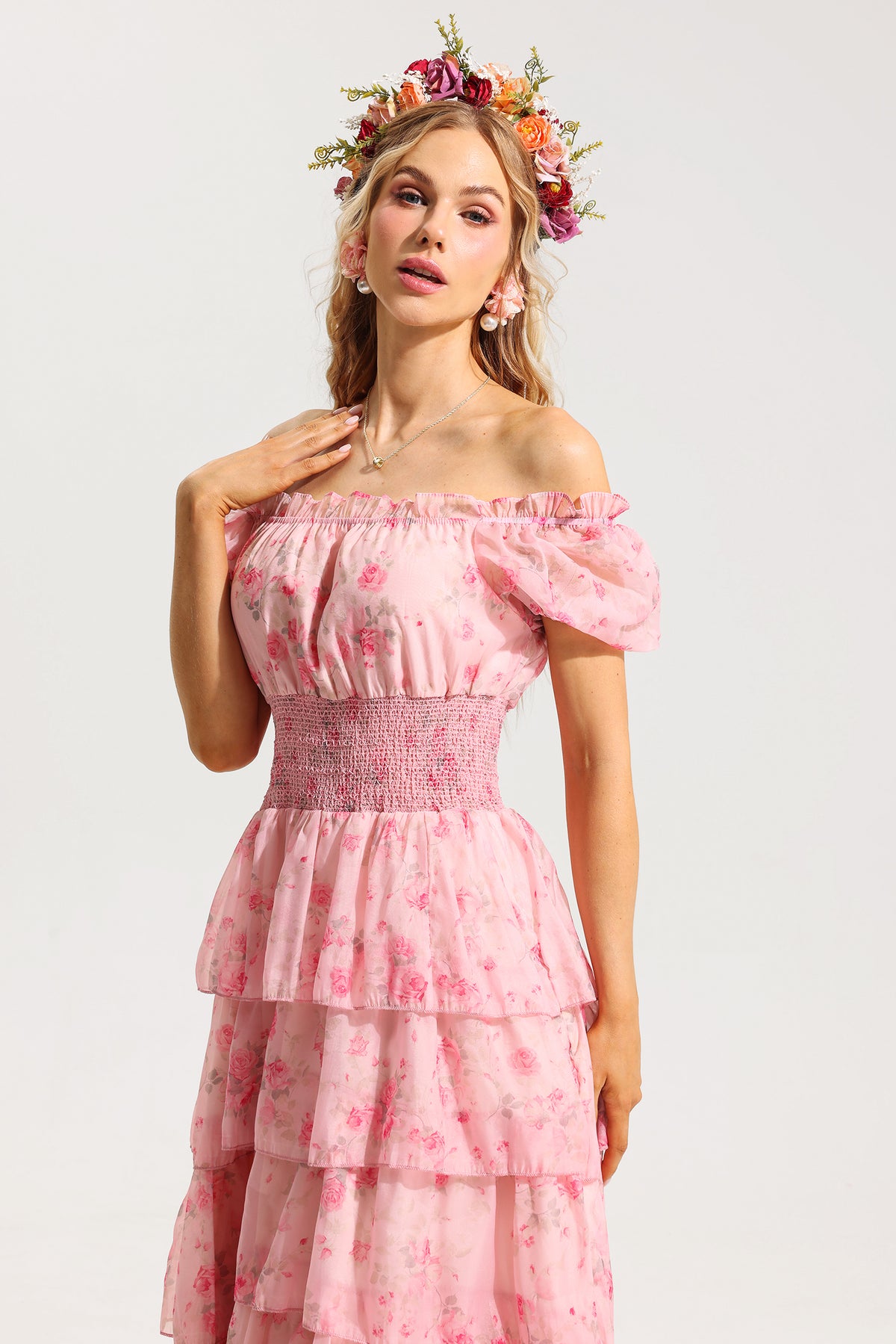 Ruffle Pleated Off-shoulder Midi Dress Pink