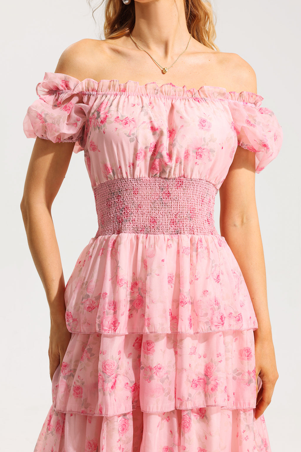 Ruffle Pleated Off-shoulder Midi Dress Pink
