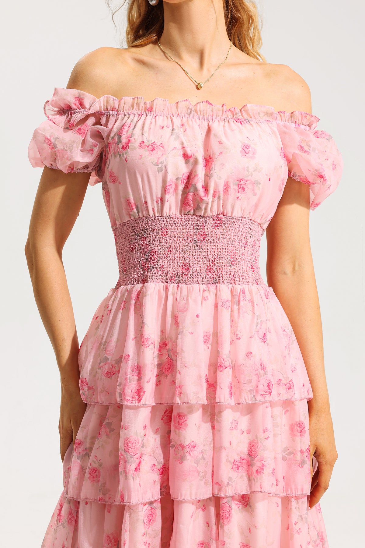 Ruffle Pleated Off-shoulder Midi Dress Pink