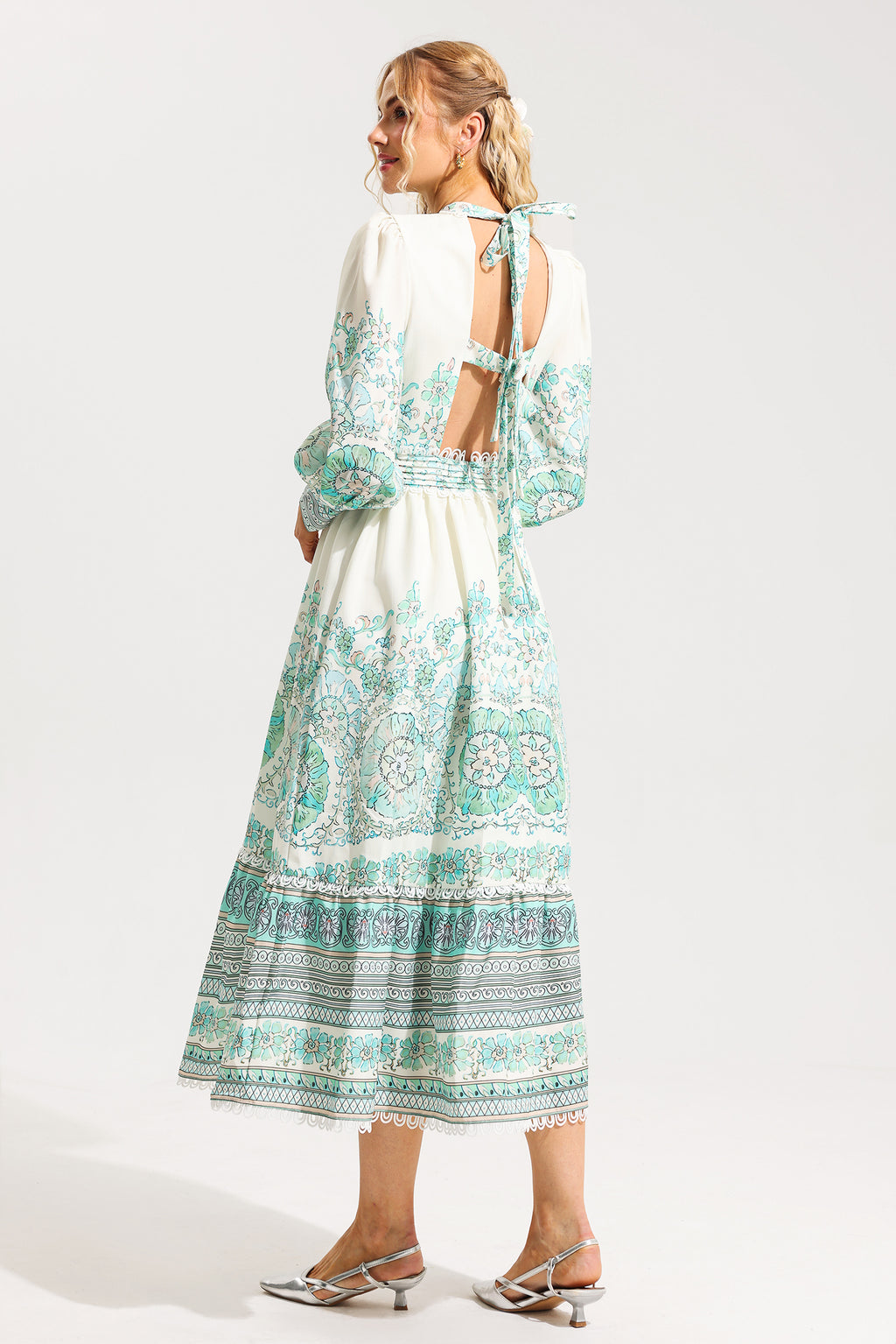 Lantern Sleeve Pleated Midi Dress