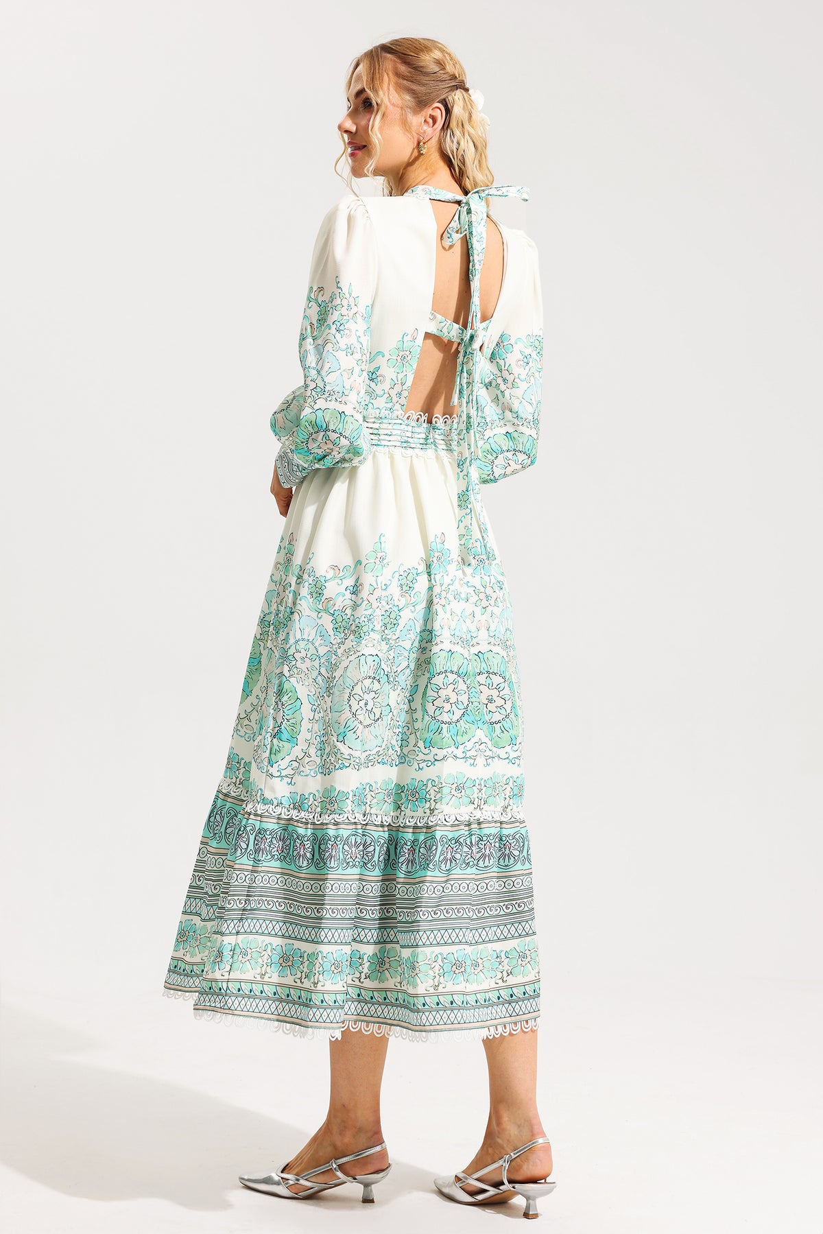 Lantern Sleeve Pleated Midi Dress