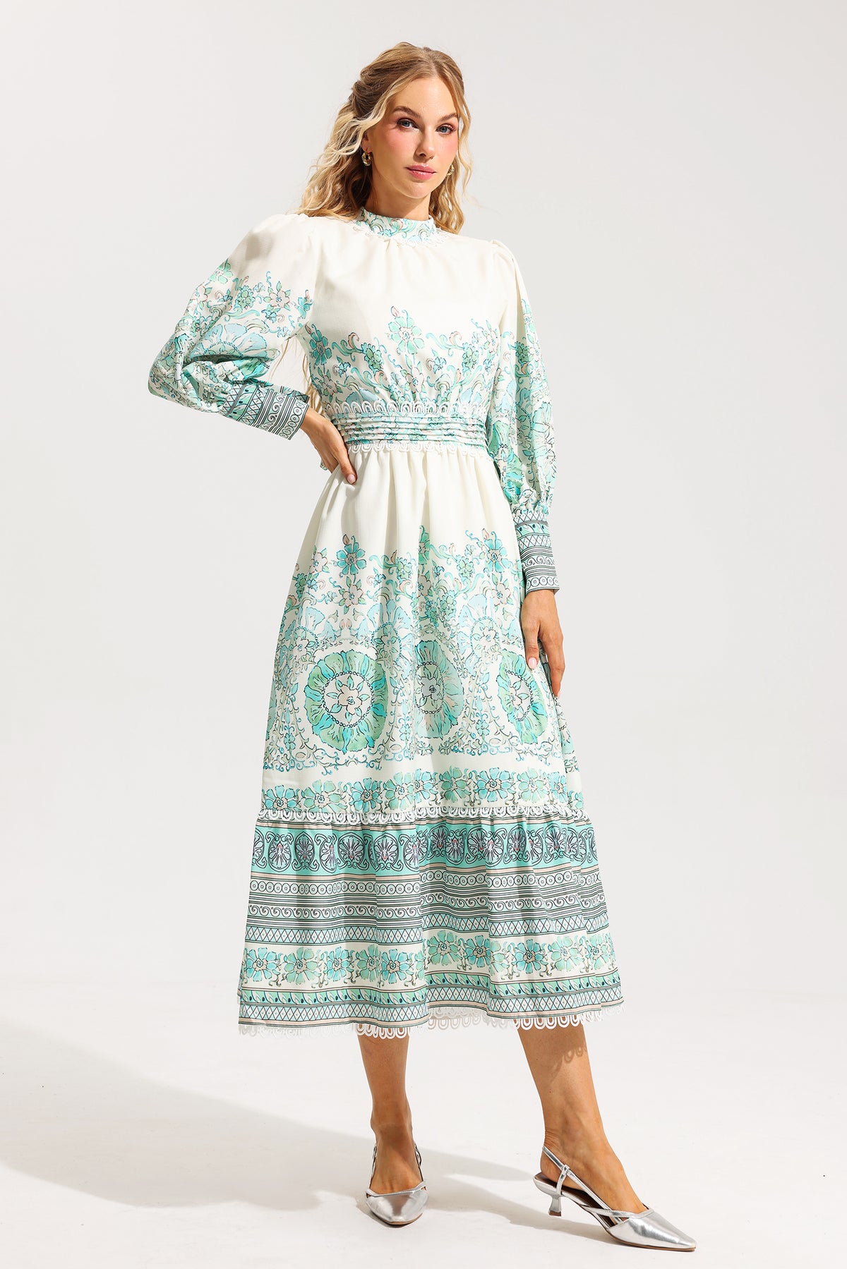 Lantern Sleeve Pleated Midi Dress