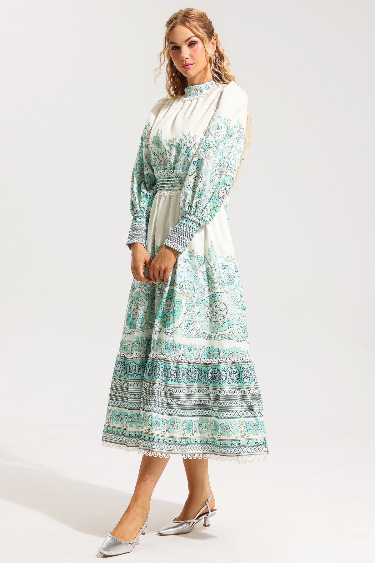 Lantern Sleeve Pleated Midi Dress