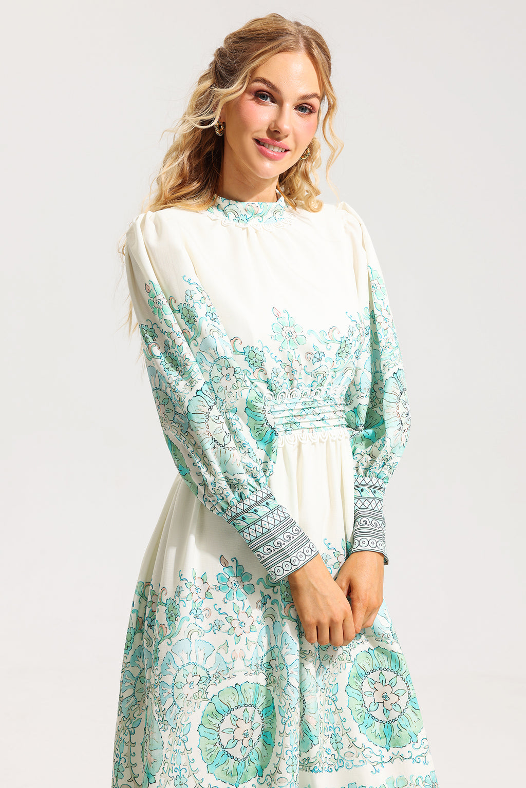 Lantern Sleeve Pleated Midi Dress
