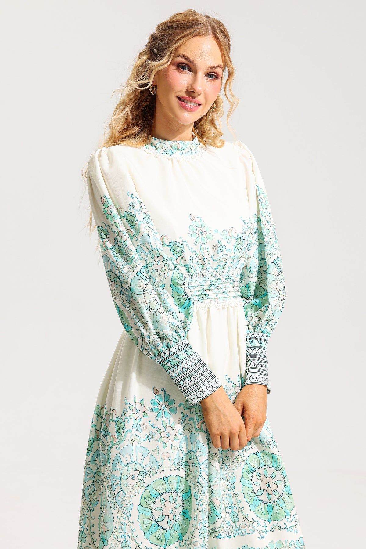 Lantern Sleeve Pleated Midi Dress