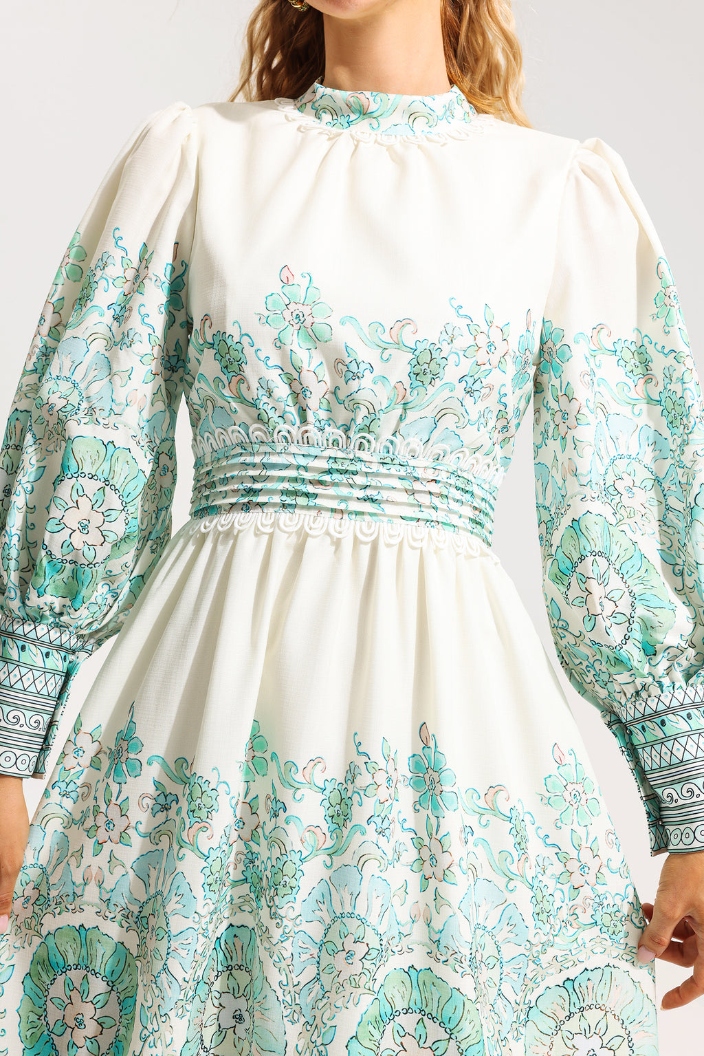 Lantern Sleeve Pleated Midi Dress