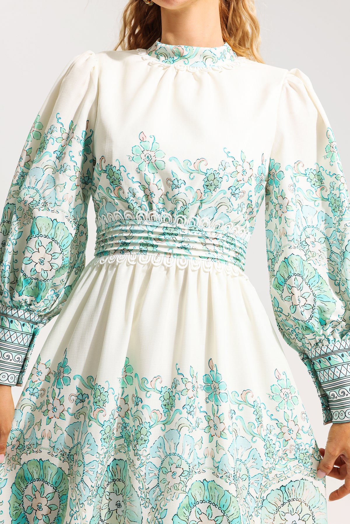 Lantern Sleeve Pleated Midi Dress