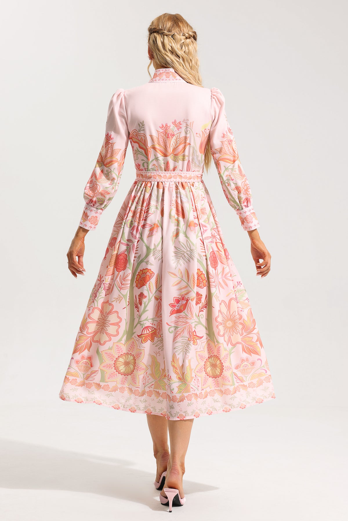 Bottom Lantern Sleeve Midi Dress With Belt