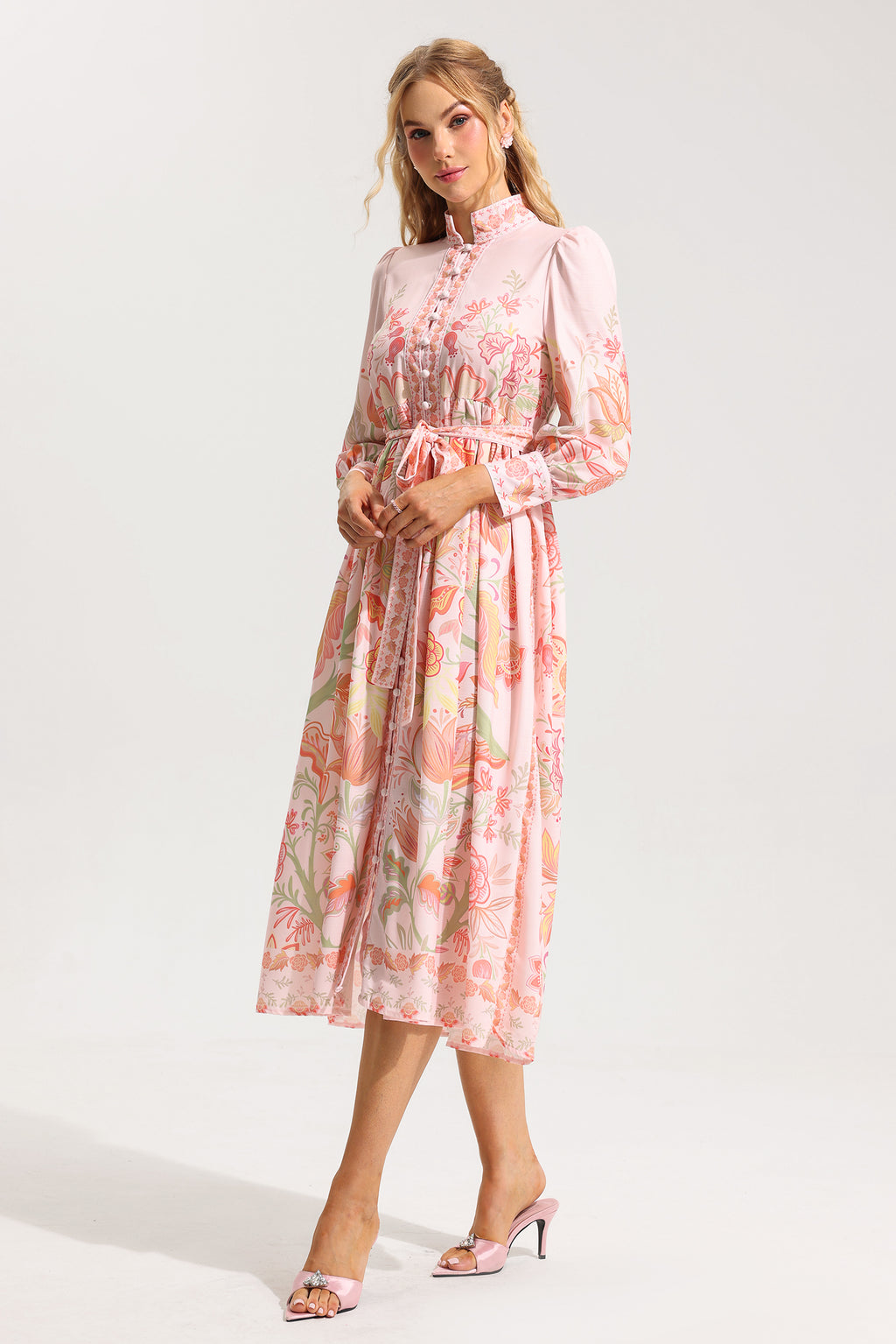 Bottom Lantern Sleeve Midi Dress With Belt