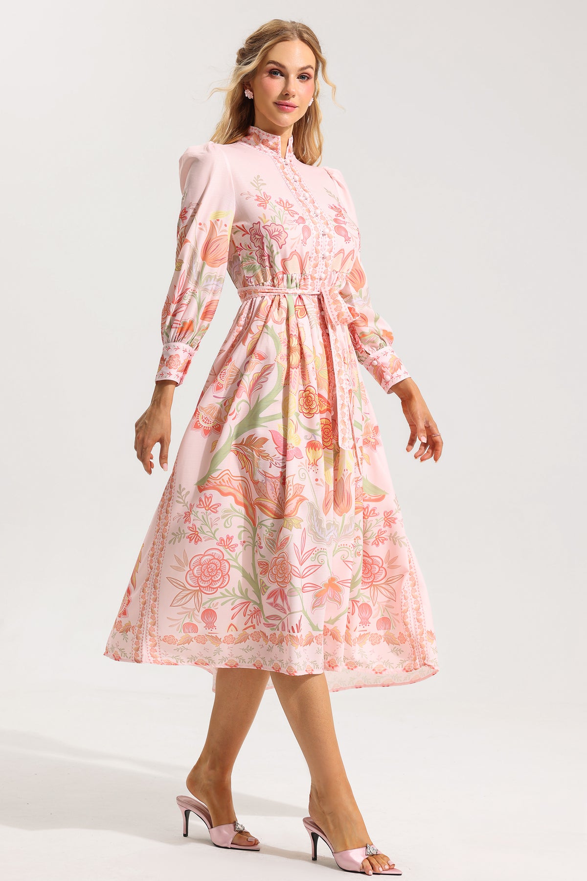 Bottom Lantern Sleeve Midi Dress With Belt