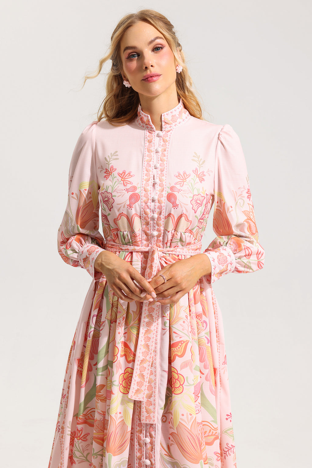 Bottom Lantern Sleeve Midi Dress With Belt