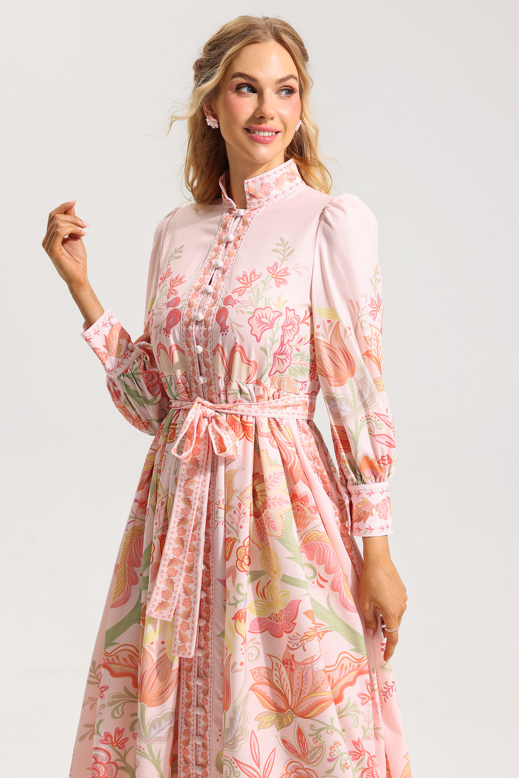 Bottom Lantern Sleeve Midi Dress With Belt