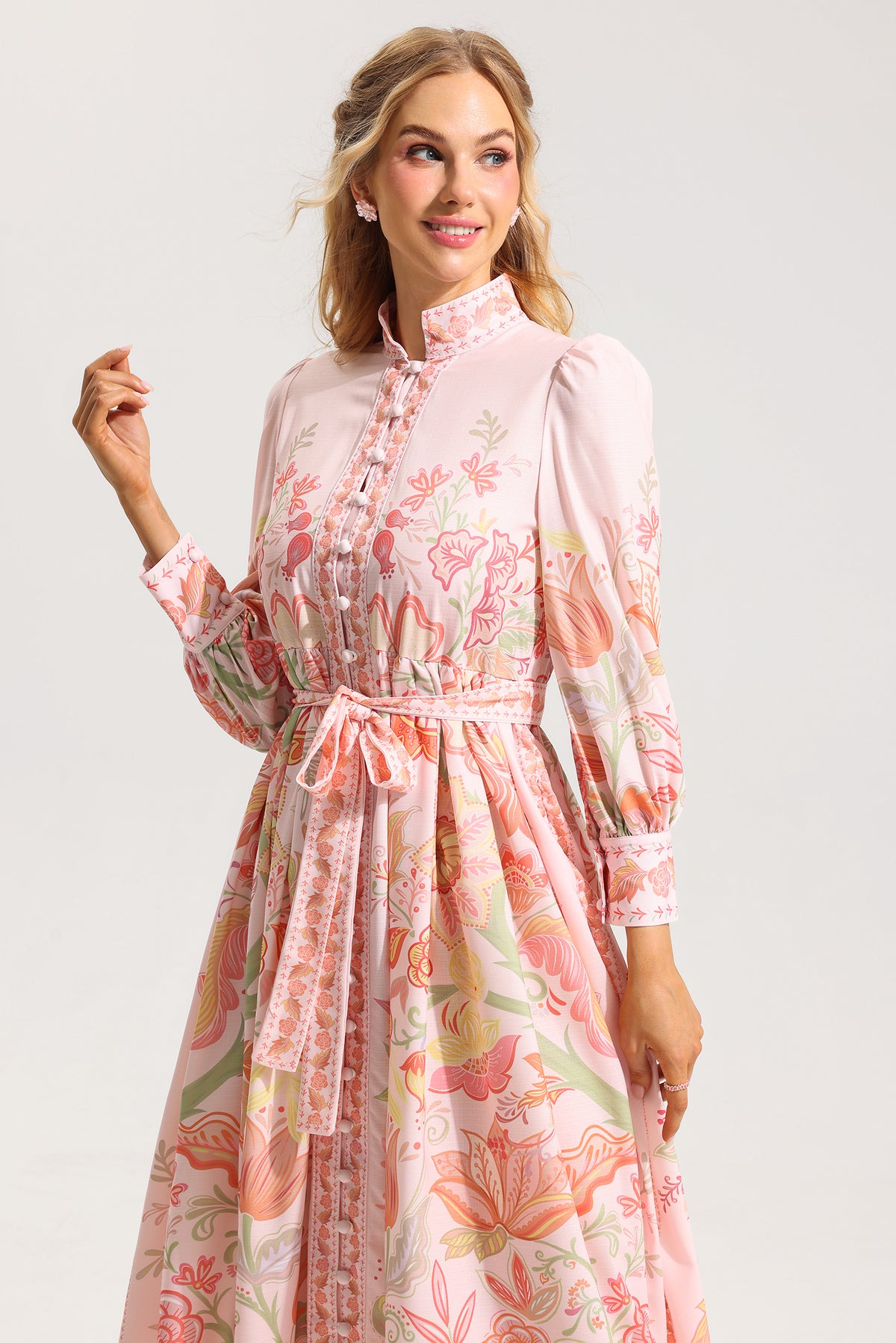 Bottom Lantern Sleeve Midi Dress With Belt
