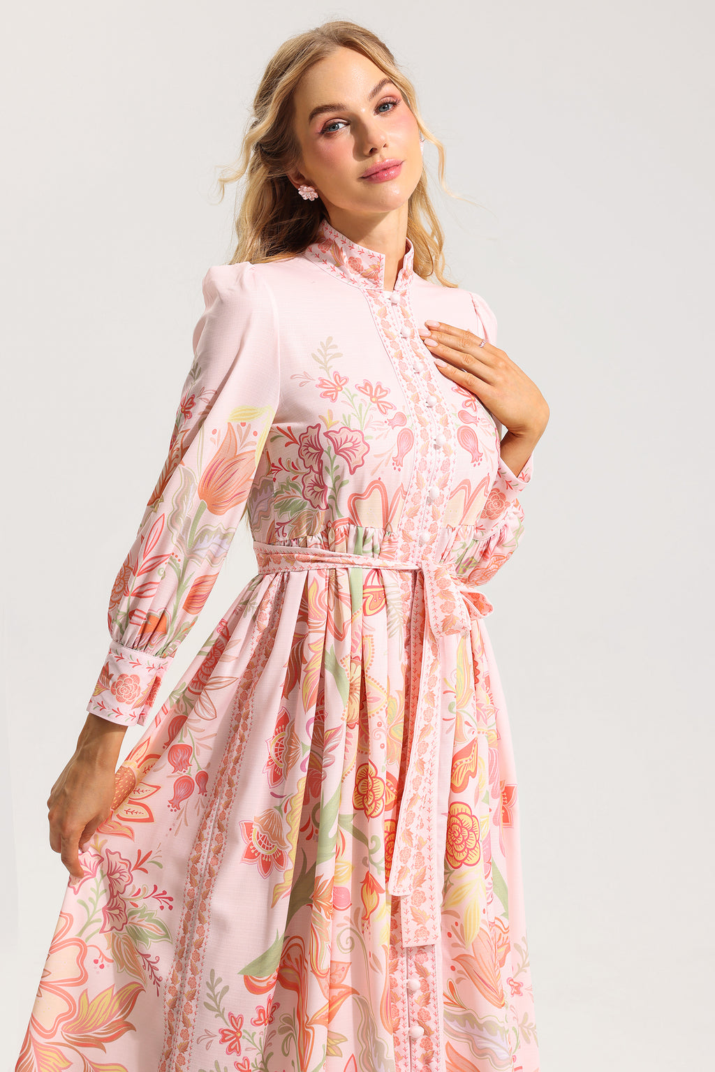 Bottom Lantern Sleeve Midi Dress With Belt