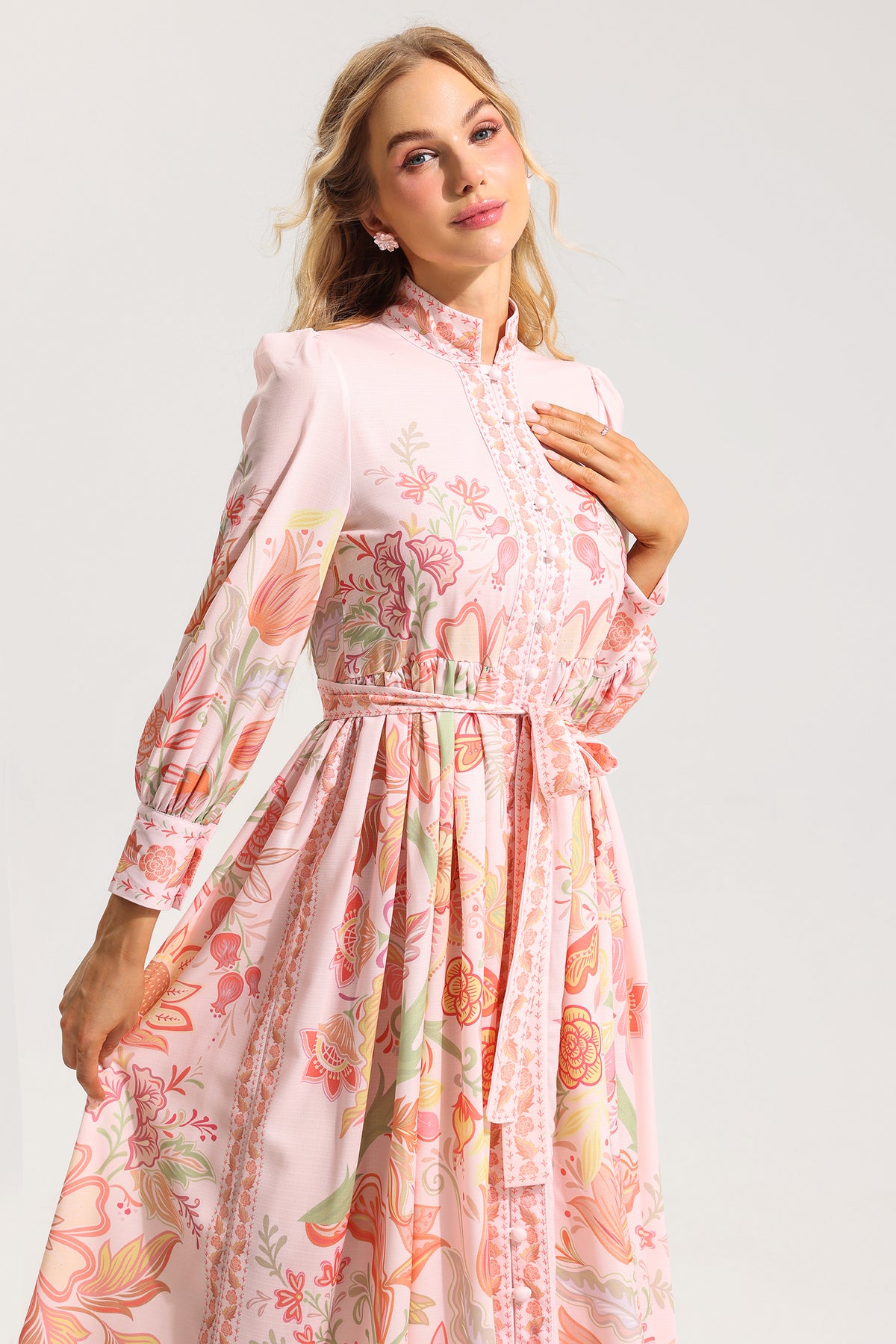 Bottom Lantern Sleeve Midi Dress With Belt