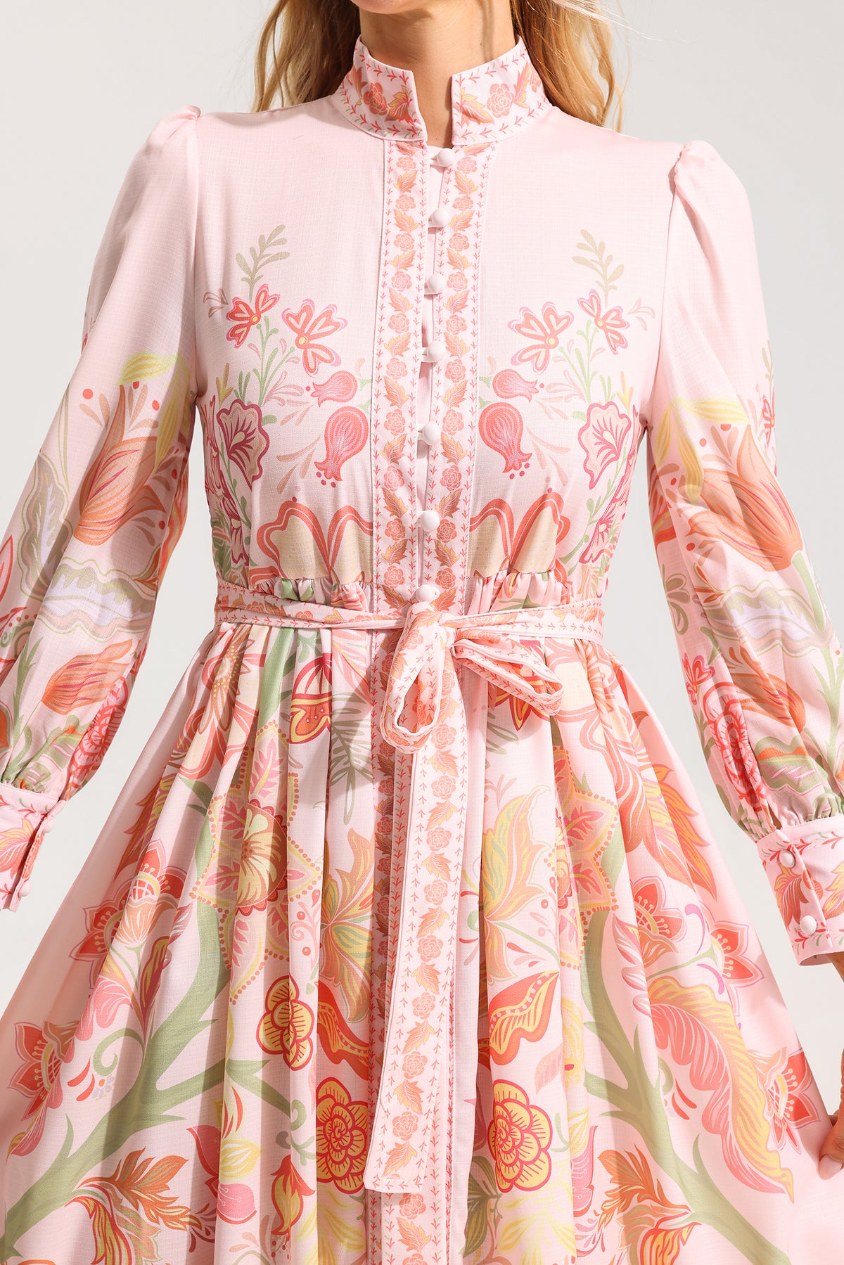 Bottom Lantern Sleeve Midi Dress With Belt