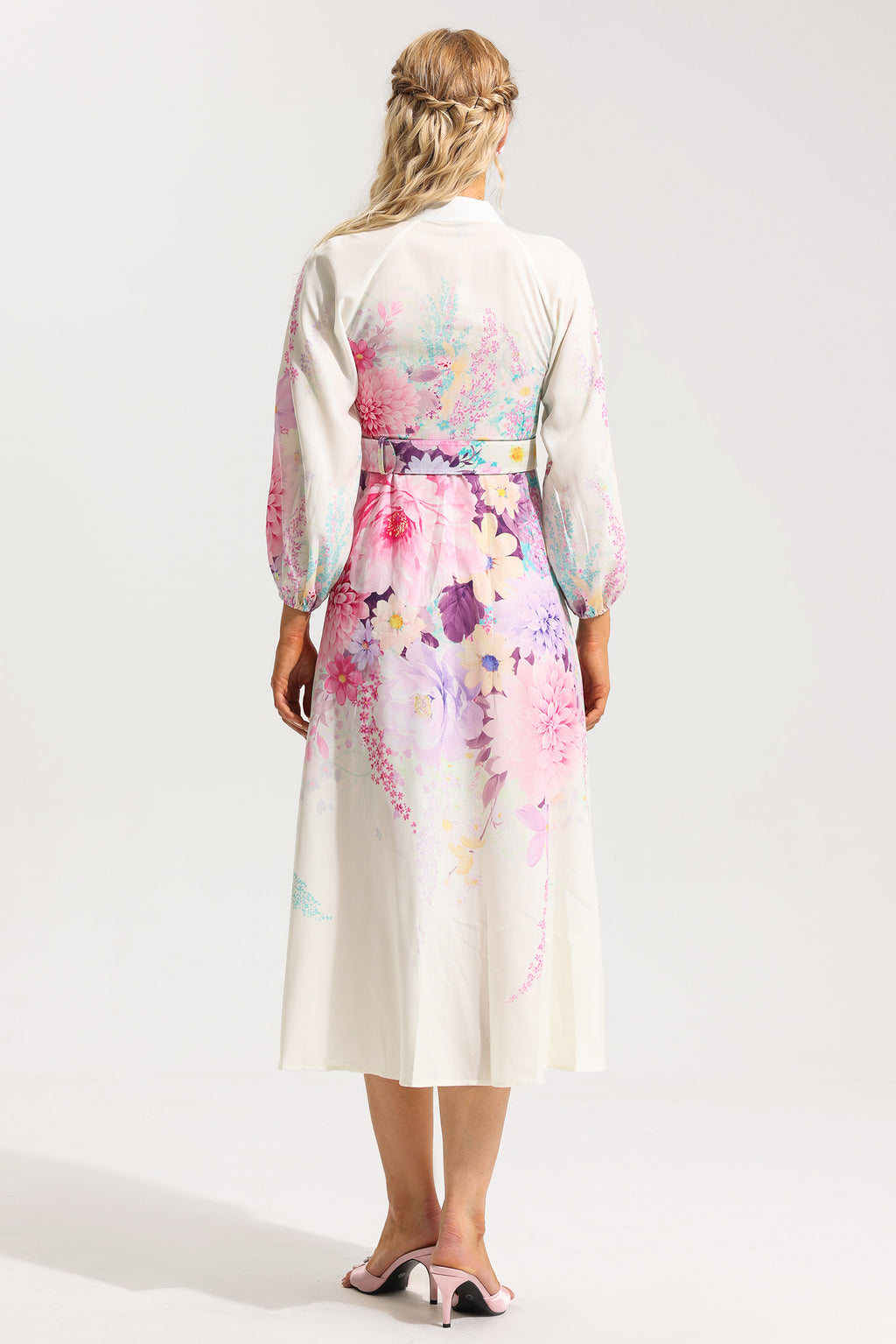 Bottom Lantern Sleeve Midi Dress With Belt