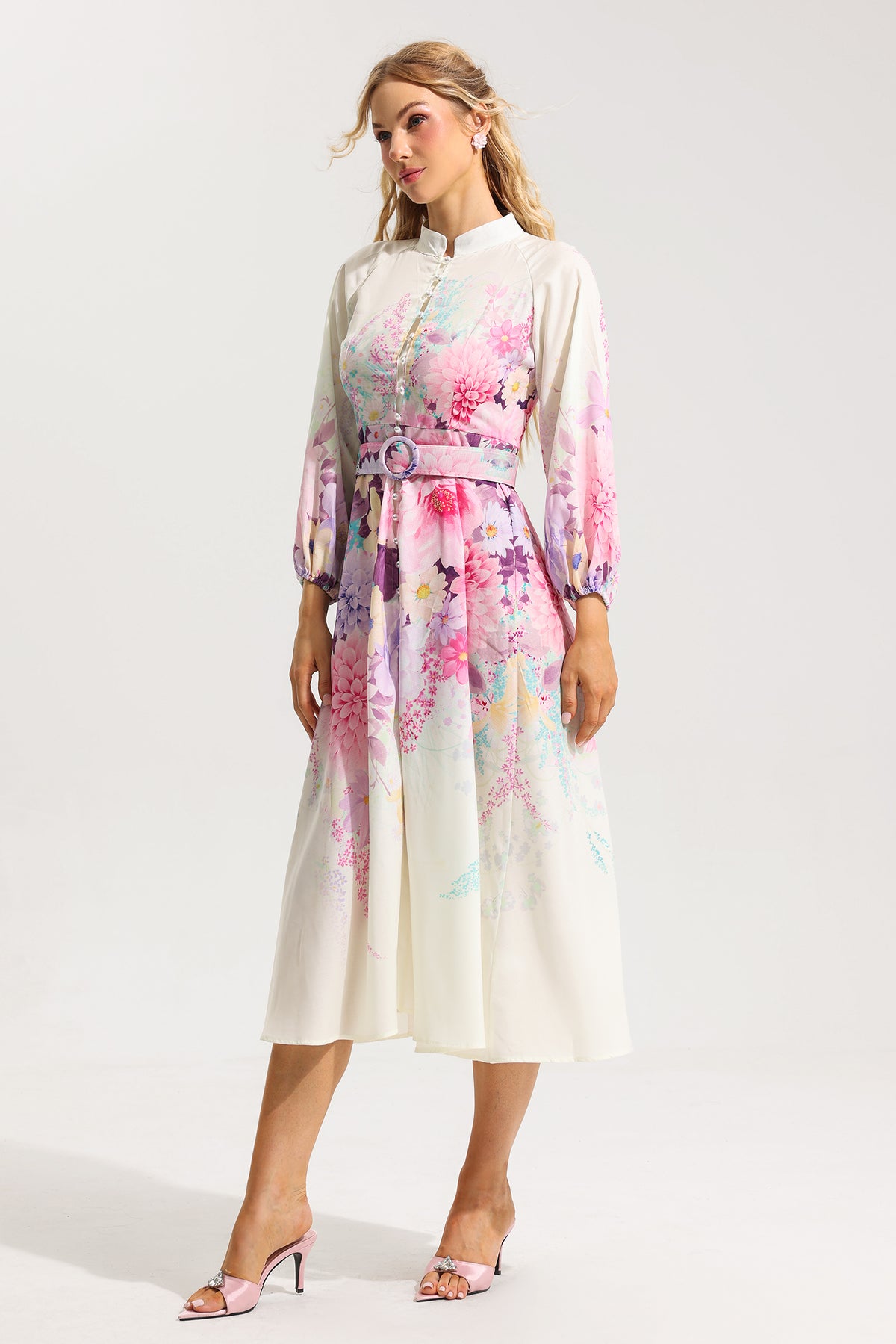 Bottom Lantern Sleeve Midi Dress With Belt