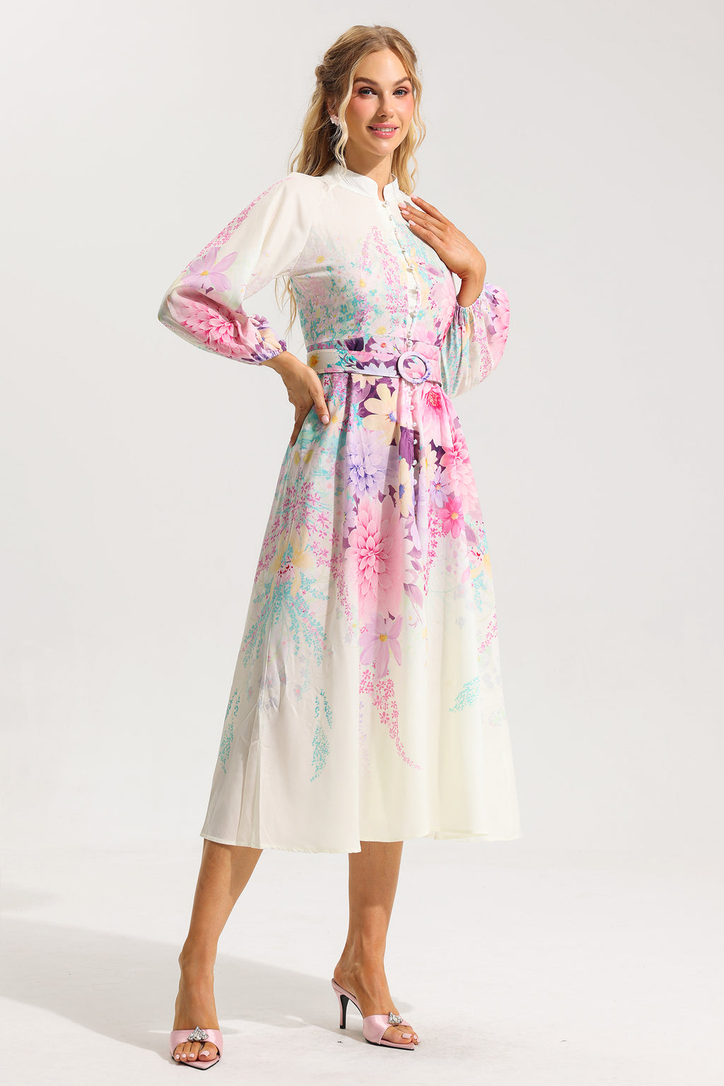 Bottom Lantern Sleeve Midi Dress With Belt