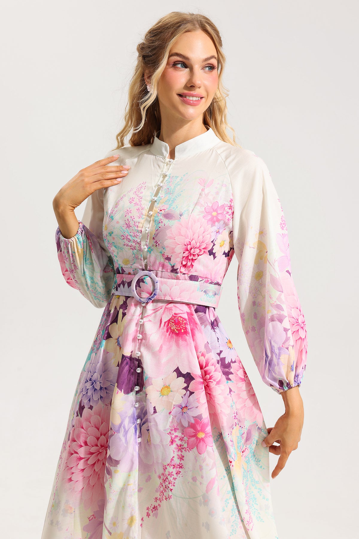 Bottom Lantern Sleeve Midi Dress With Belt