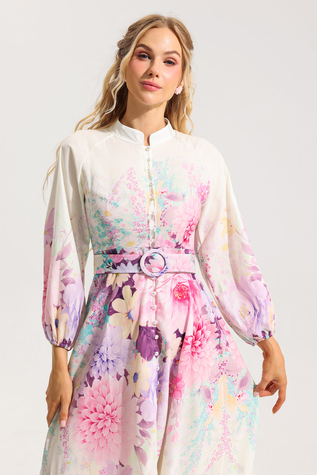 Bottom Lantern Sleeve Midi Dress With Belt