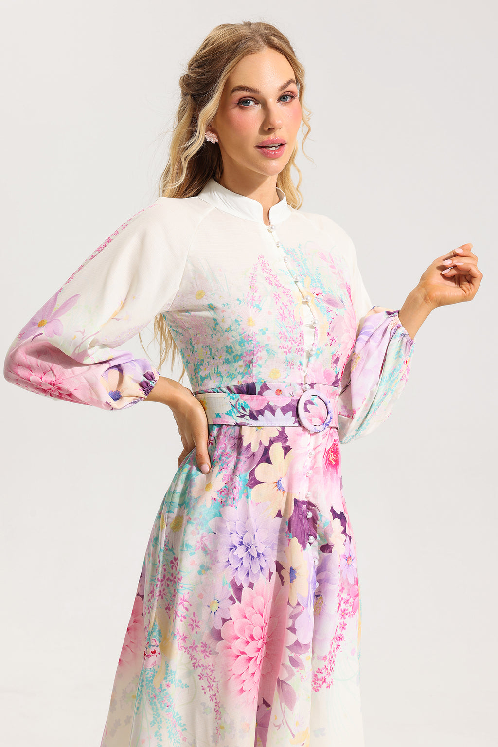 Bottom Lantern Sleeve Midi Dress With Belt
