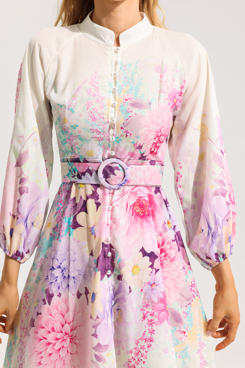 Bottom Lantern Sleeve Midi Dress With Belt