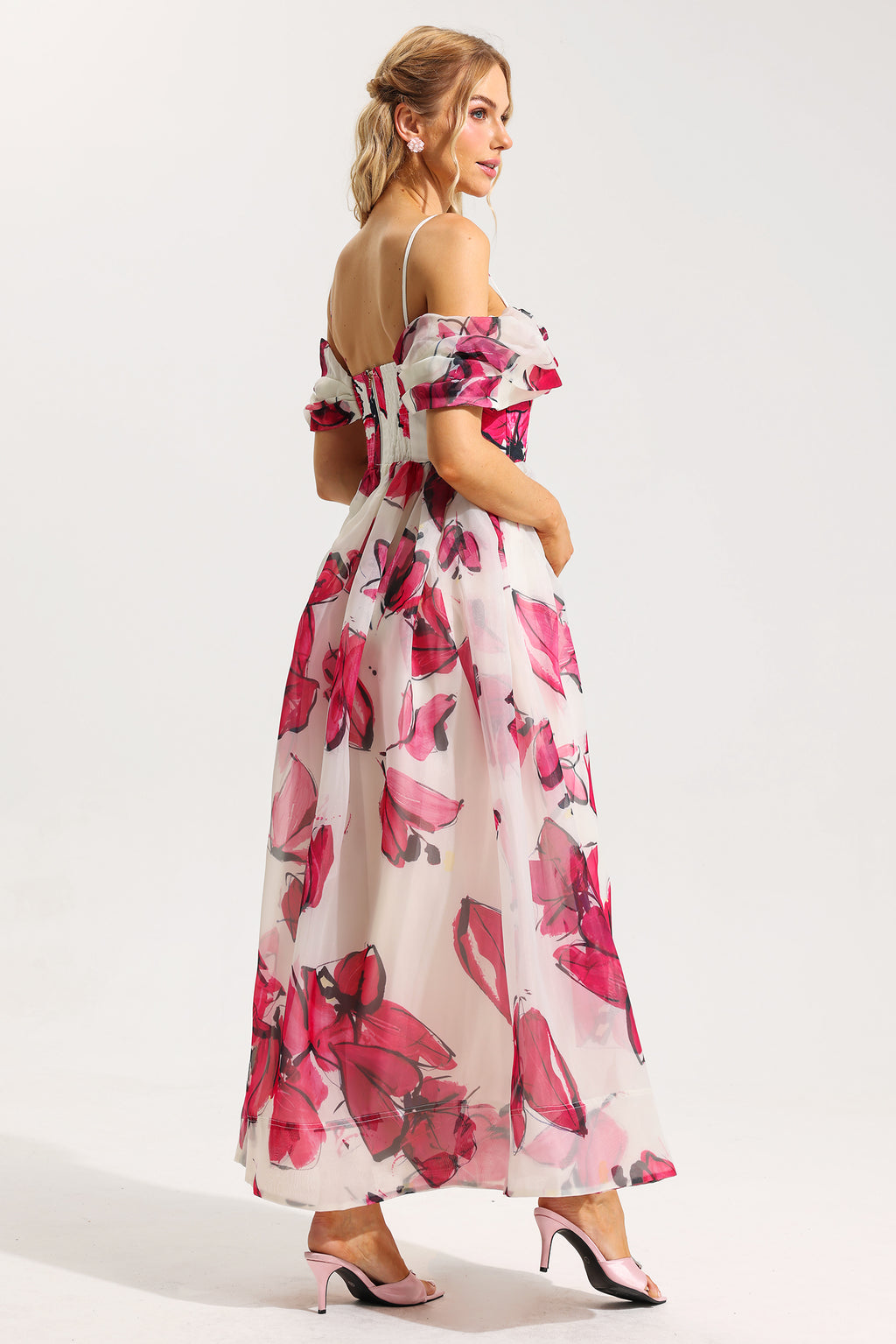 Off-shoulder Pleated Midi Dress