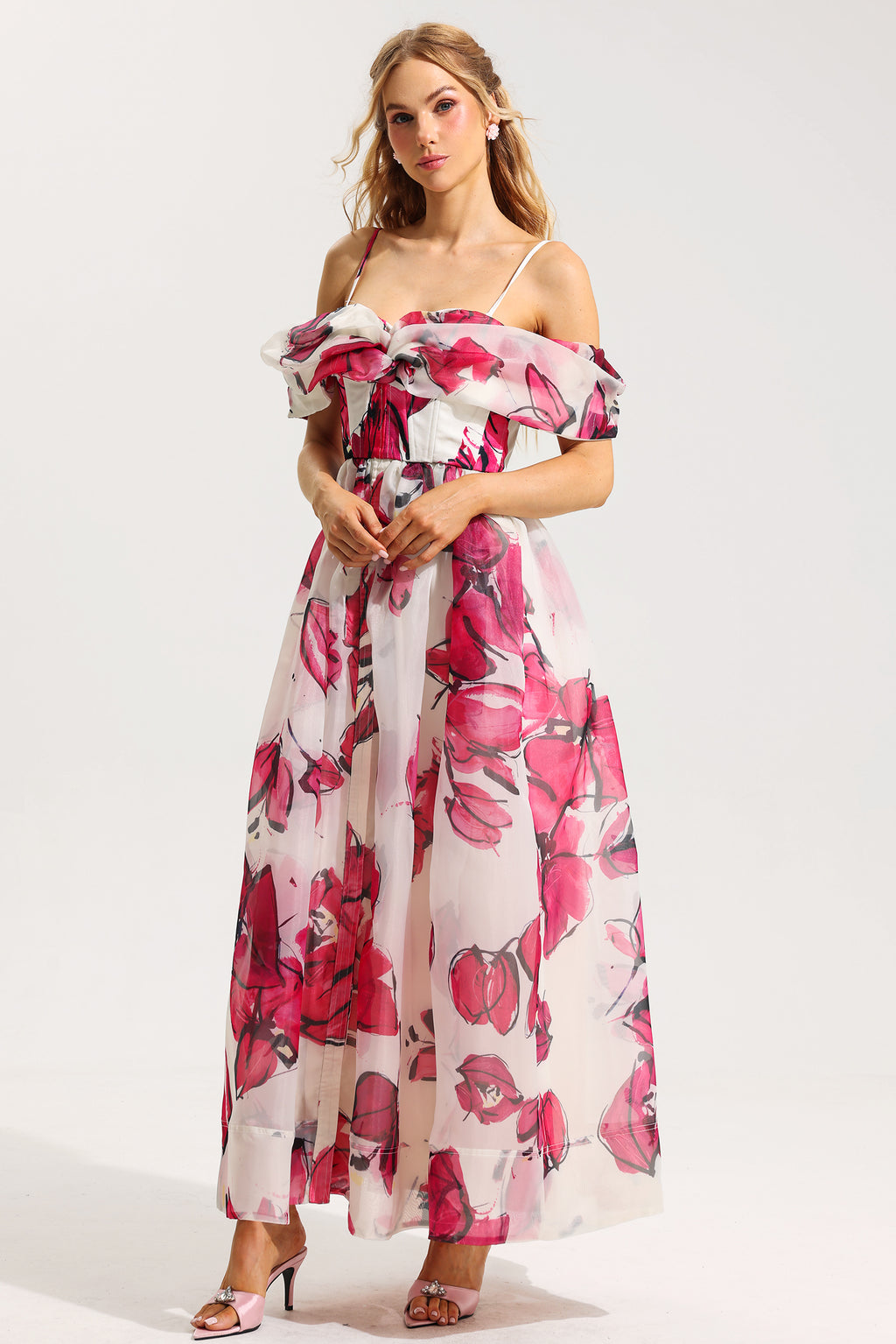 Off-shoulder Pleated Midi Dress