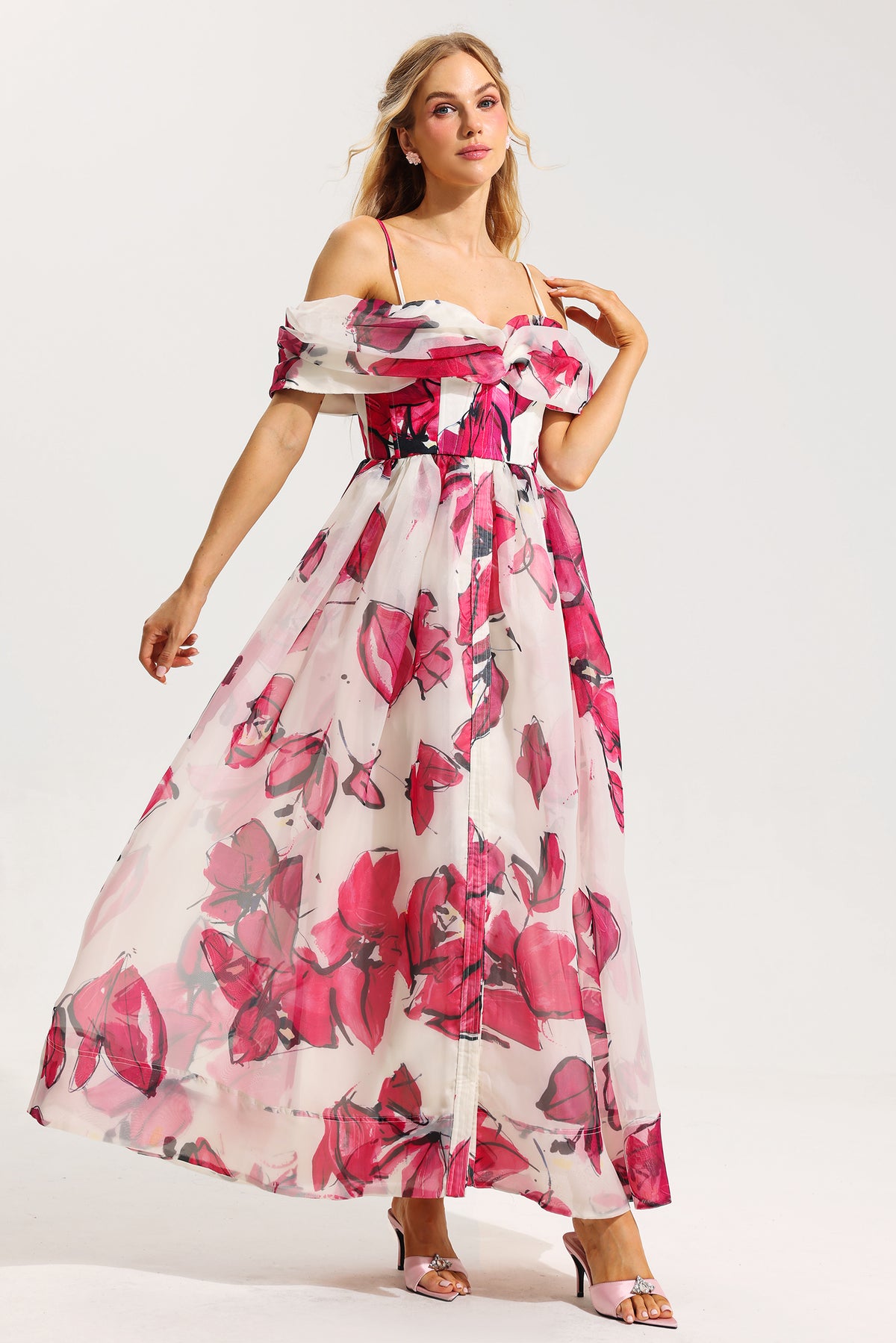 Off-shoulder Pleated Midi Dress