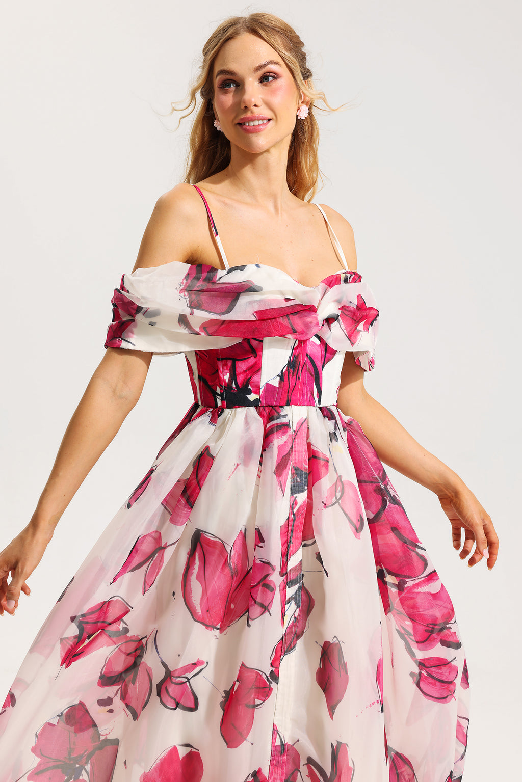 Off-shoulder Pleated Midi Dress