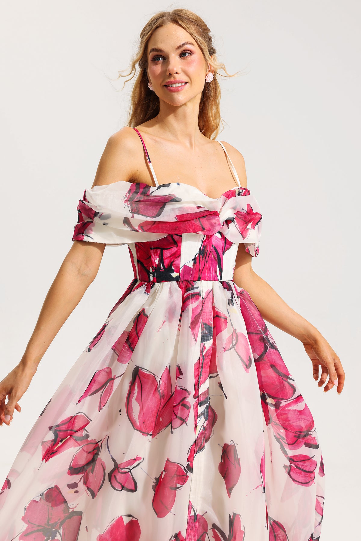 Off-shoulder Pleated Midi Dress