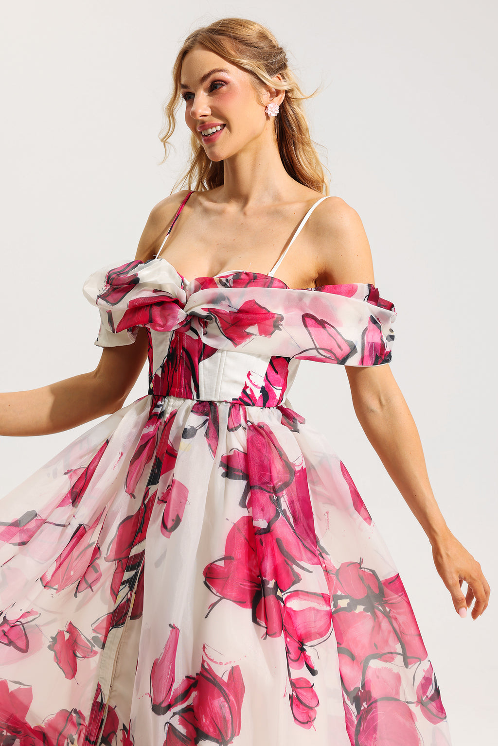 Off-shoulder Pleated Midi Dress