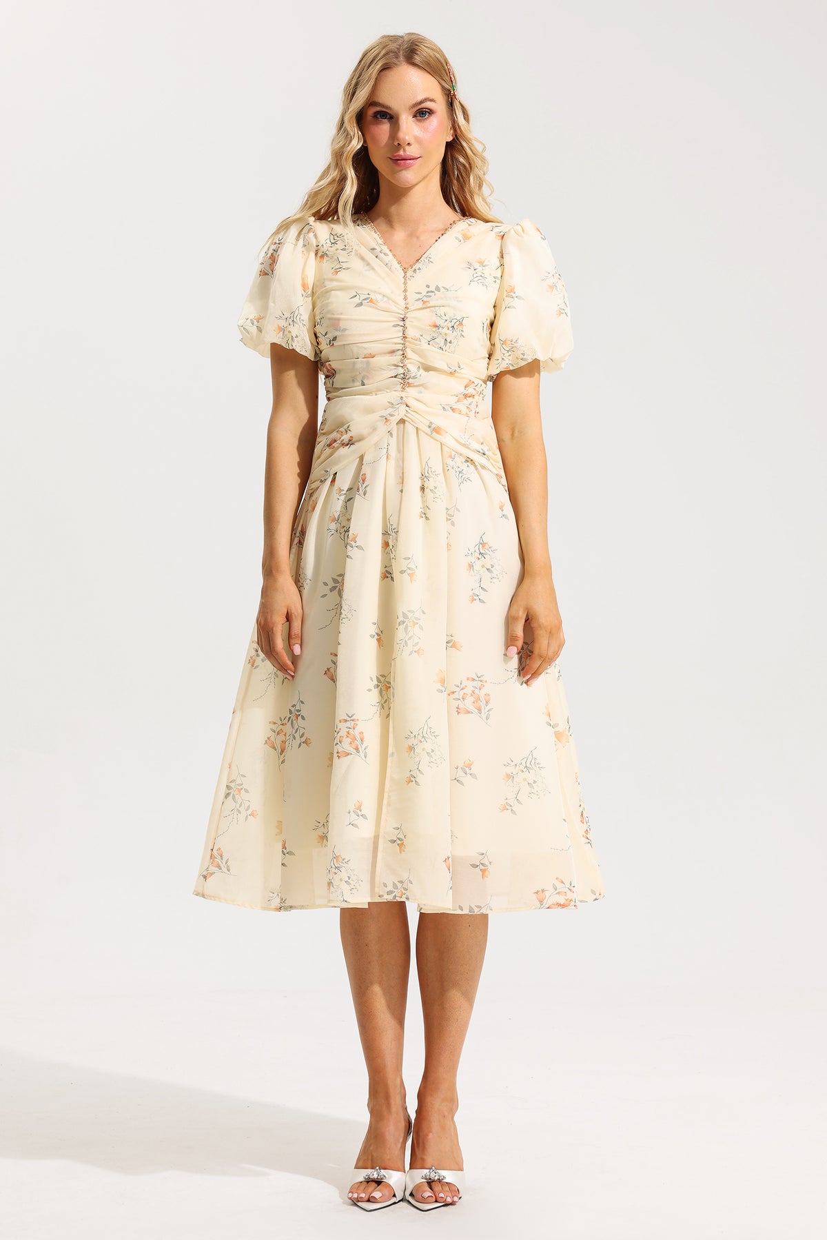 V-neck Short Sleeve Midi Dress