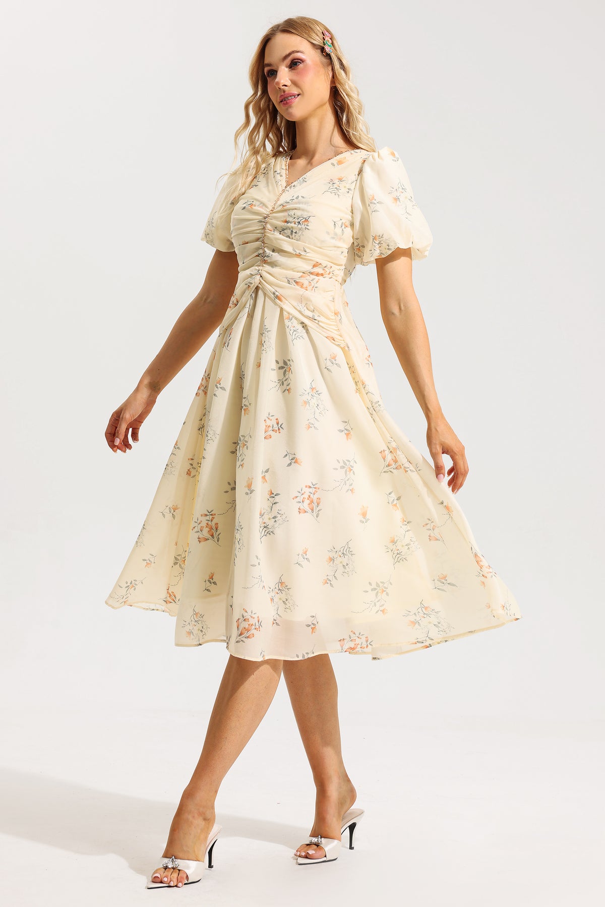 V-neck Short Sleeve Midi Dress