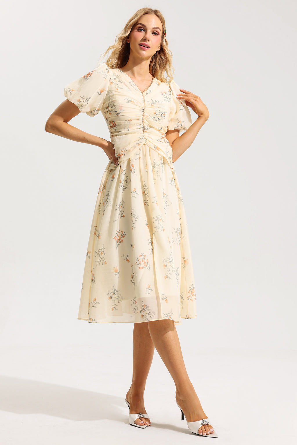V-neck Short Sleeve Midi Dress
