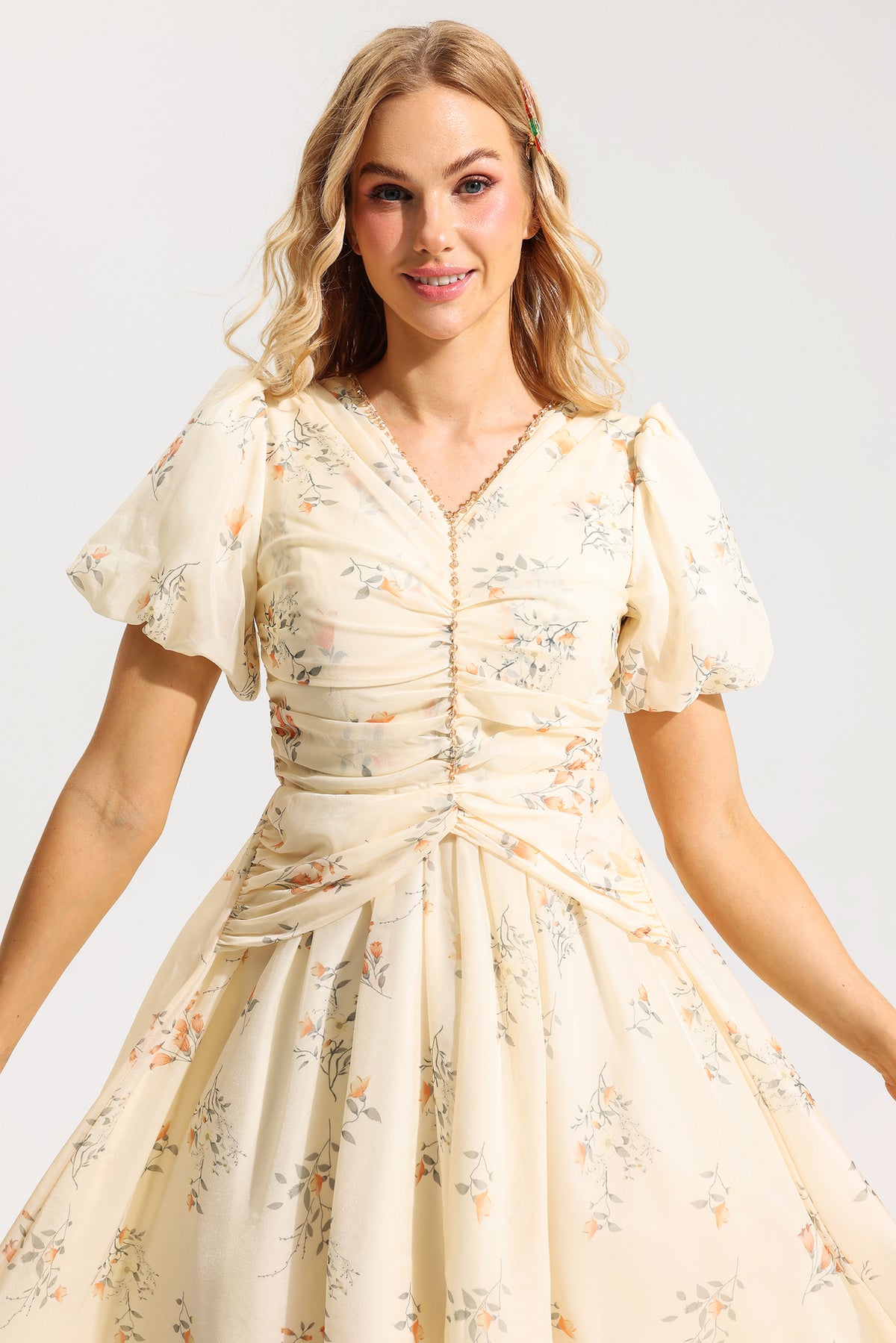 V-neck Short Sleeve Midi Dress