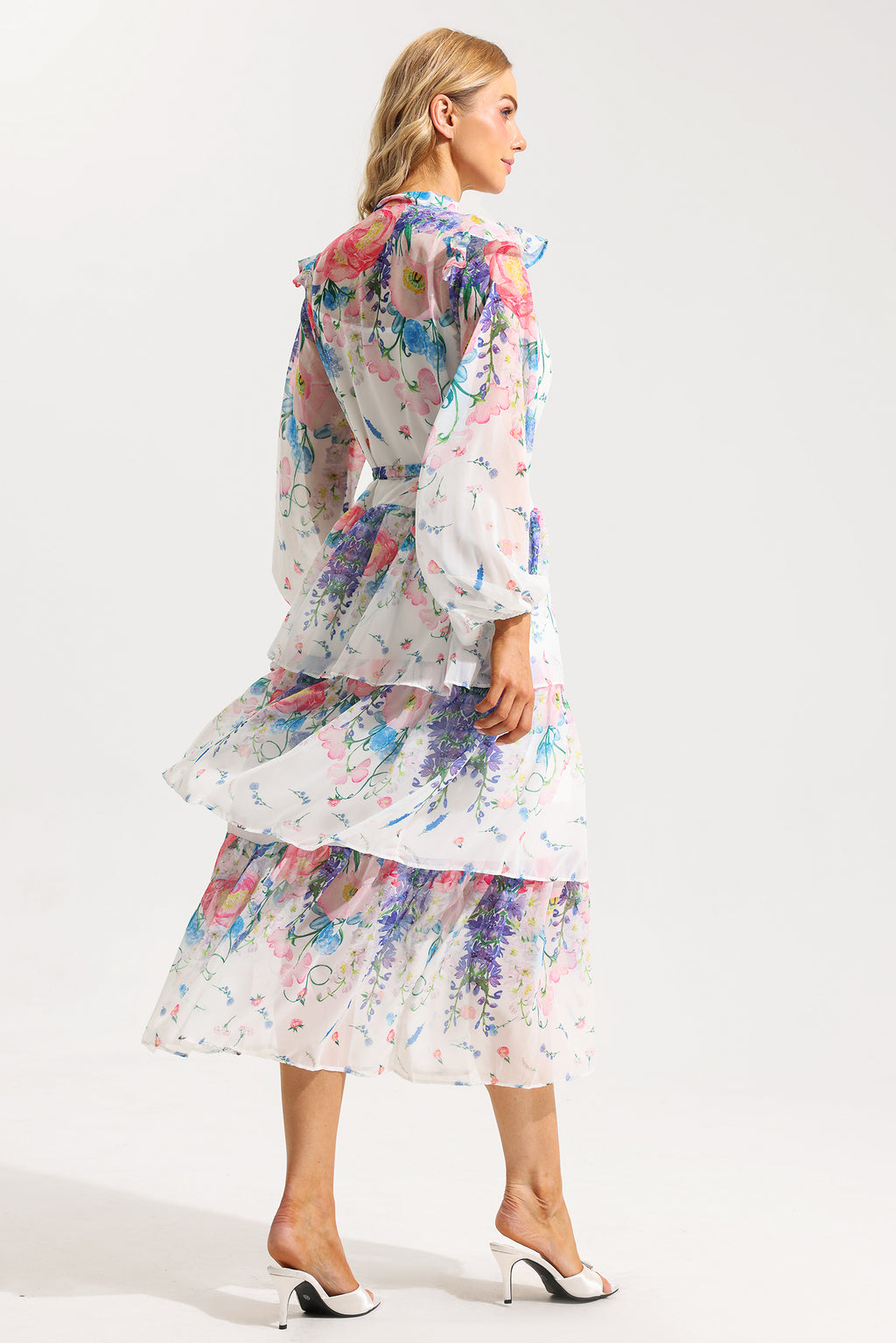 Ruffle Long Sleeve Midi Dress With Belt