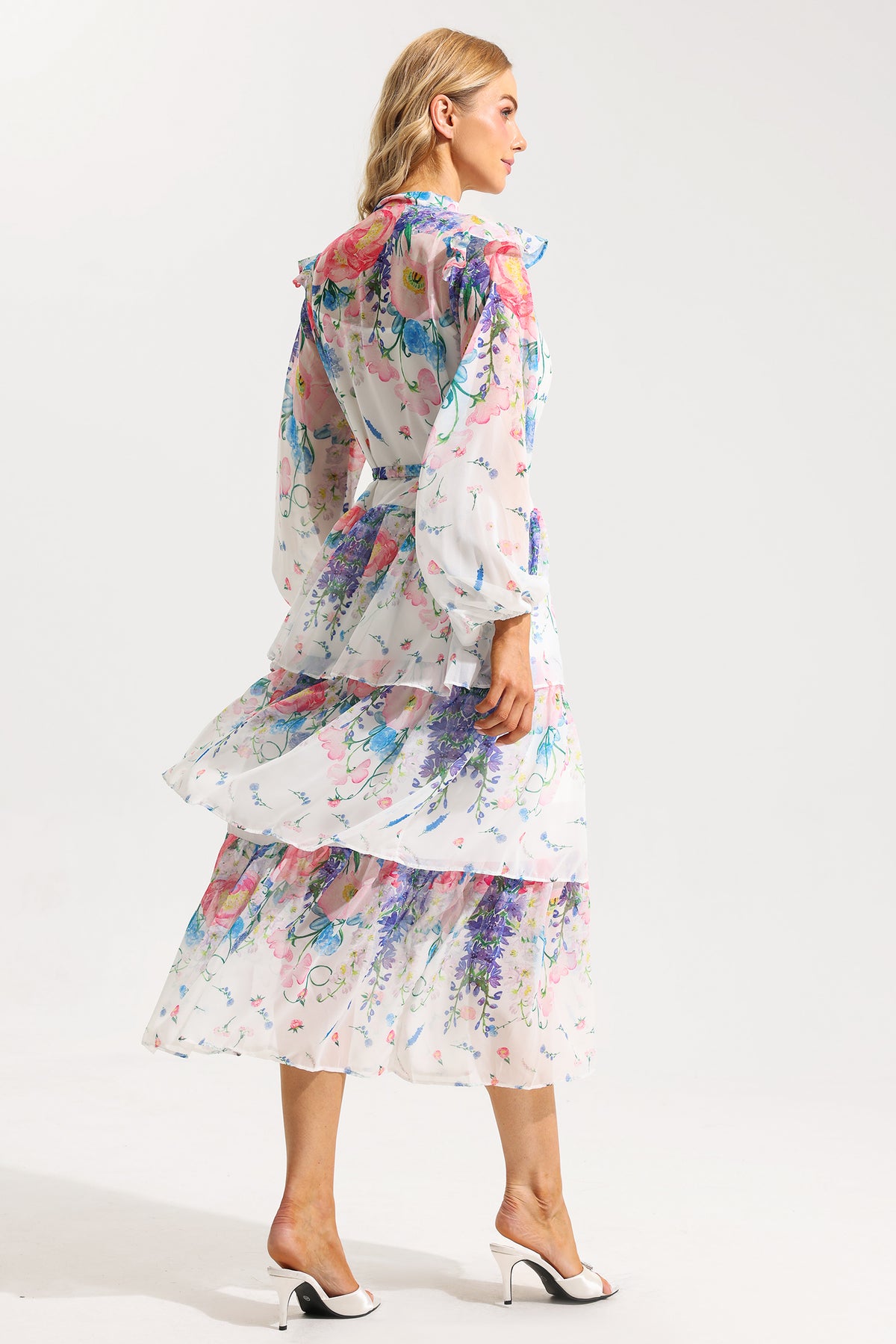 Ruffle Long Sleeve Midi Dress With Belt