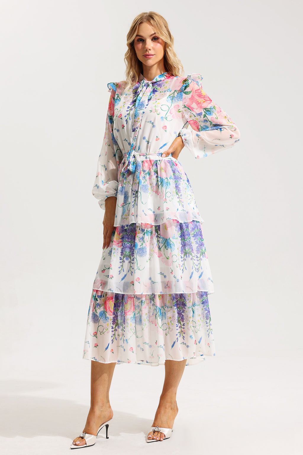 Ruffle Long Sleeve Midi Dress With Belt