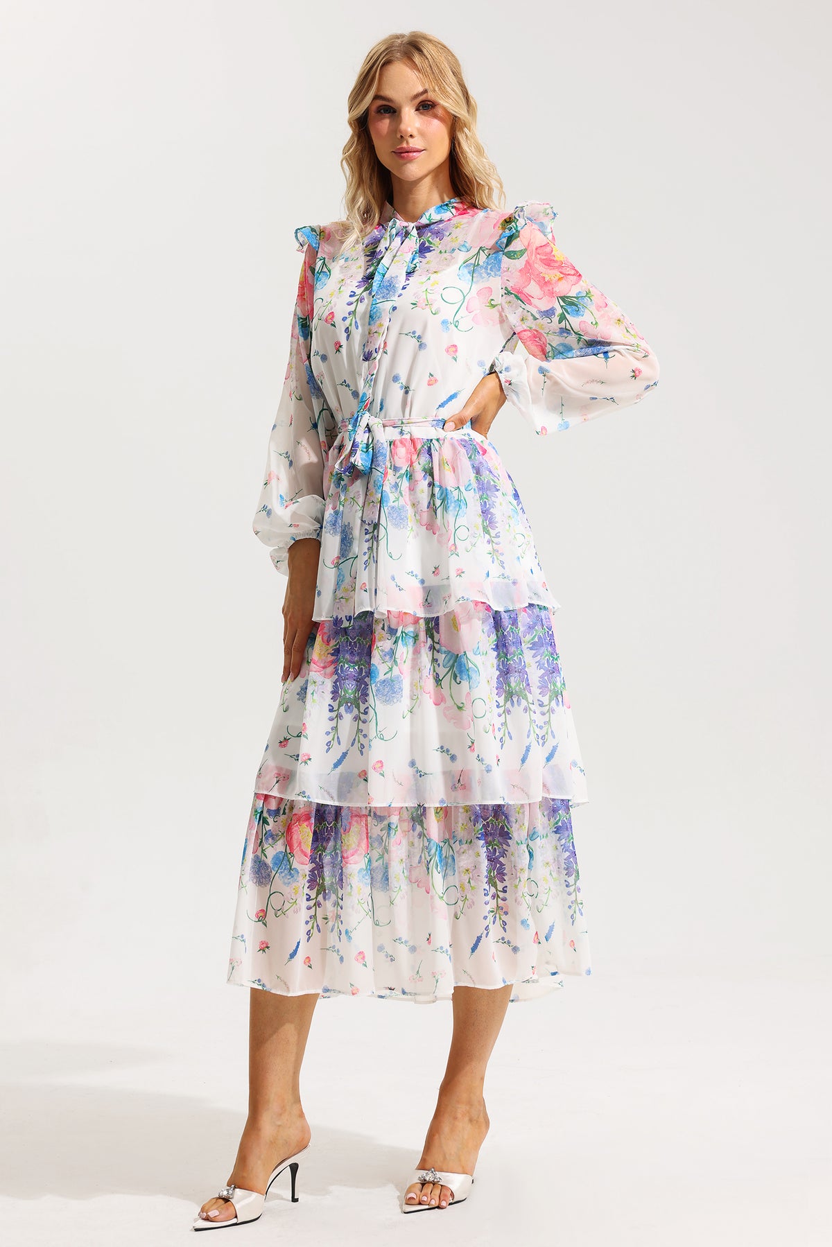 Ruffle Long Sleeve Midi Dress With Belt