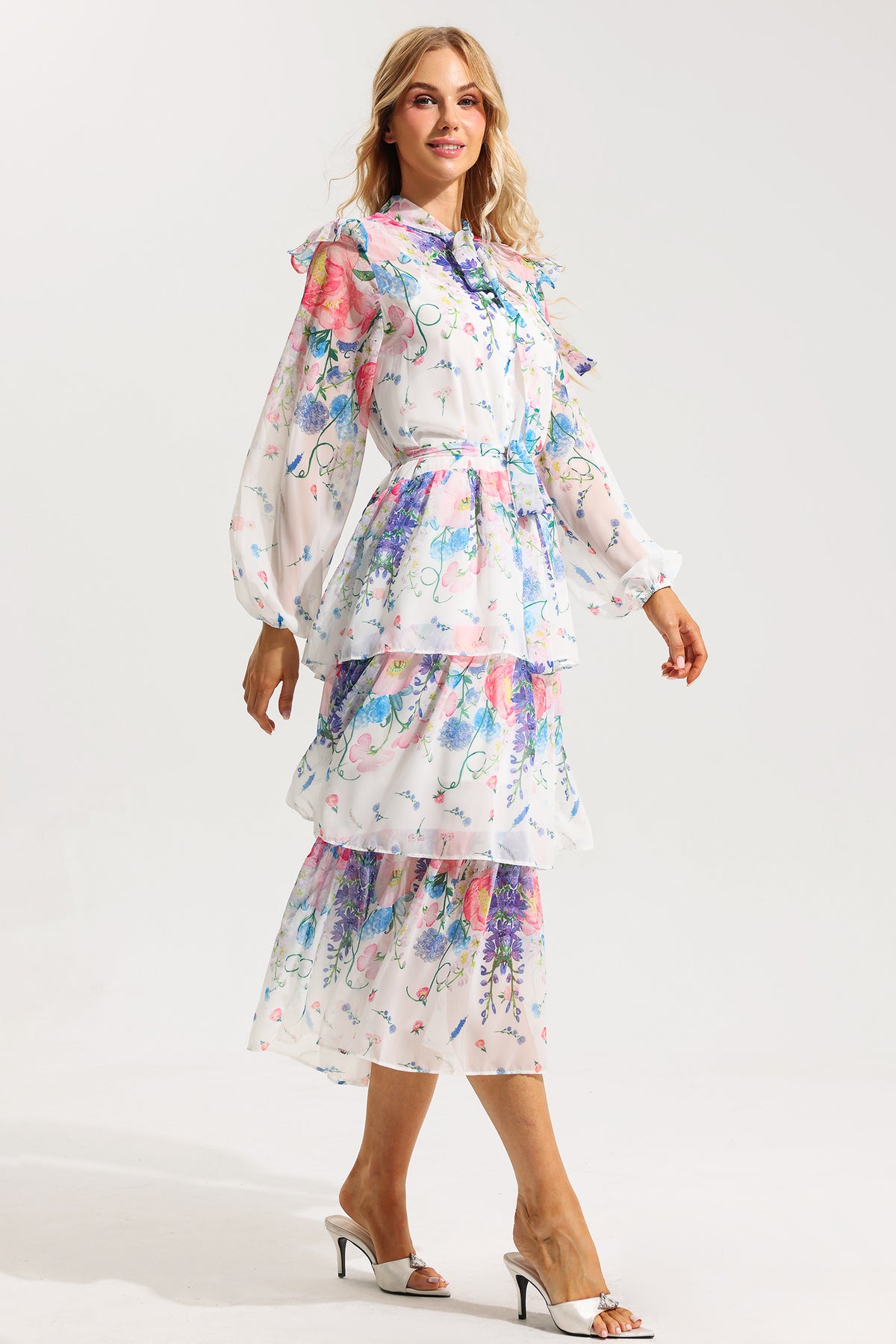 Ruffle Long Sleeve Midi Dress With Belt