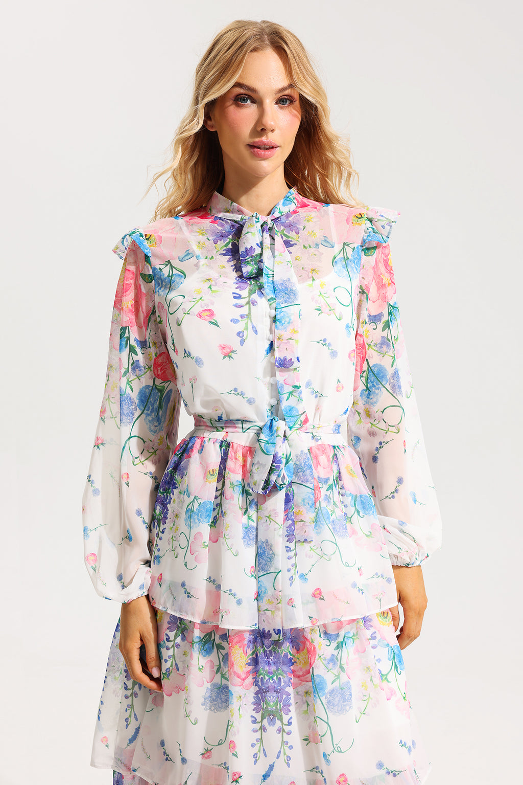 Ruffle Long Sleeve Midi Dress With Belt