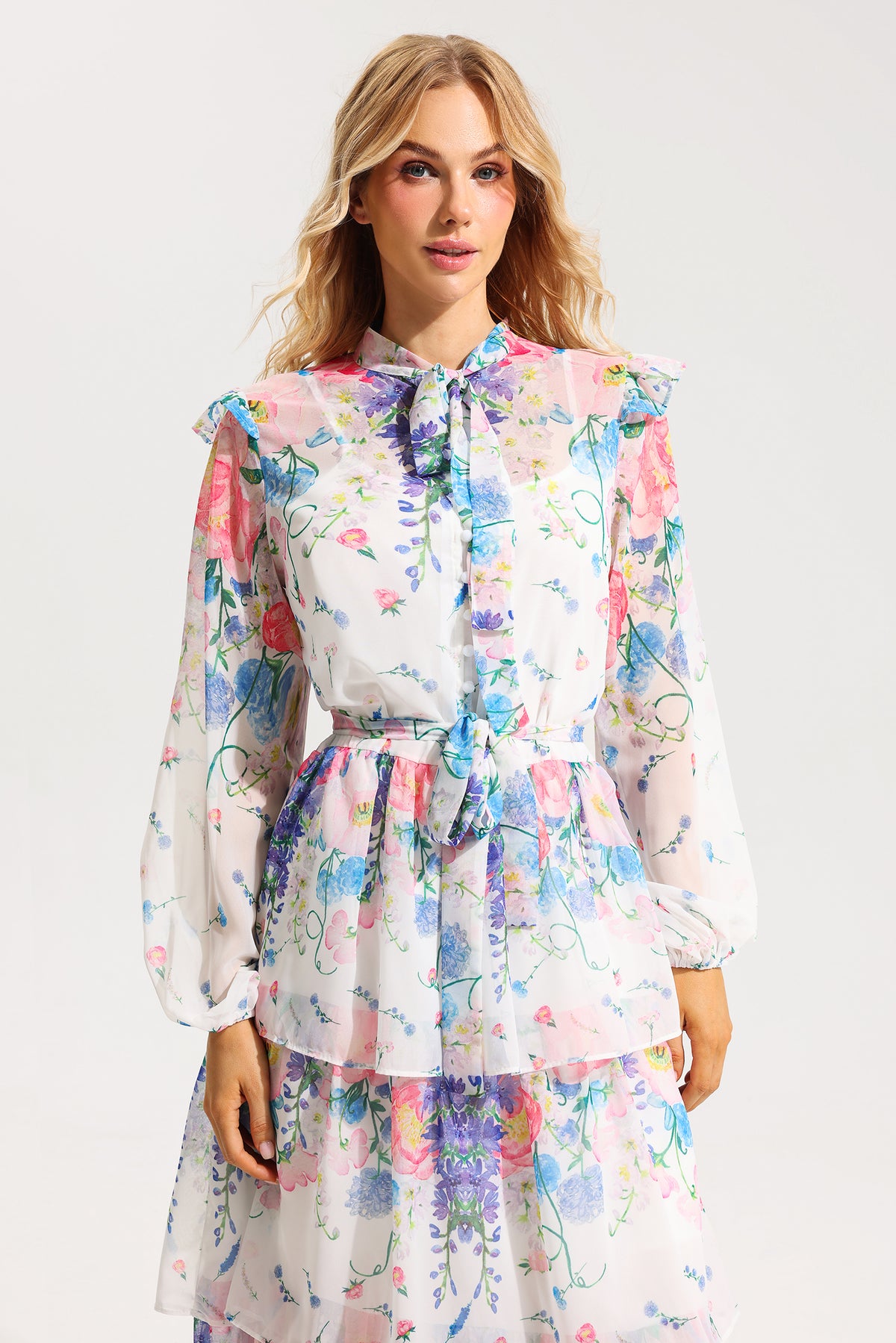 Ruffle Long Sleeve Midi Dress With Belt