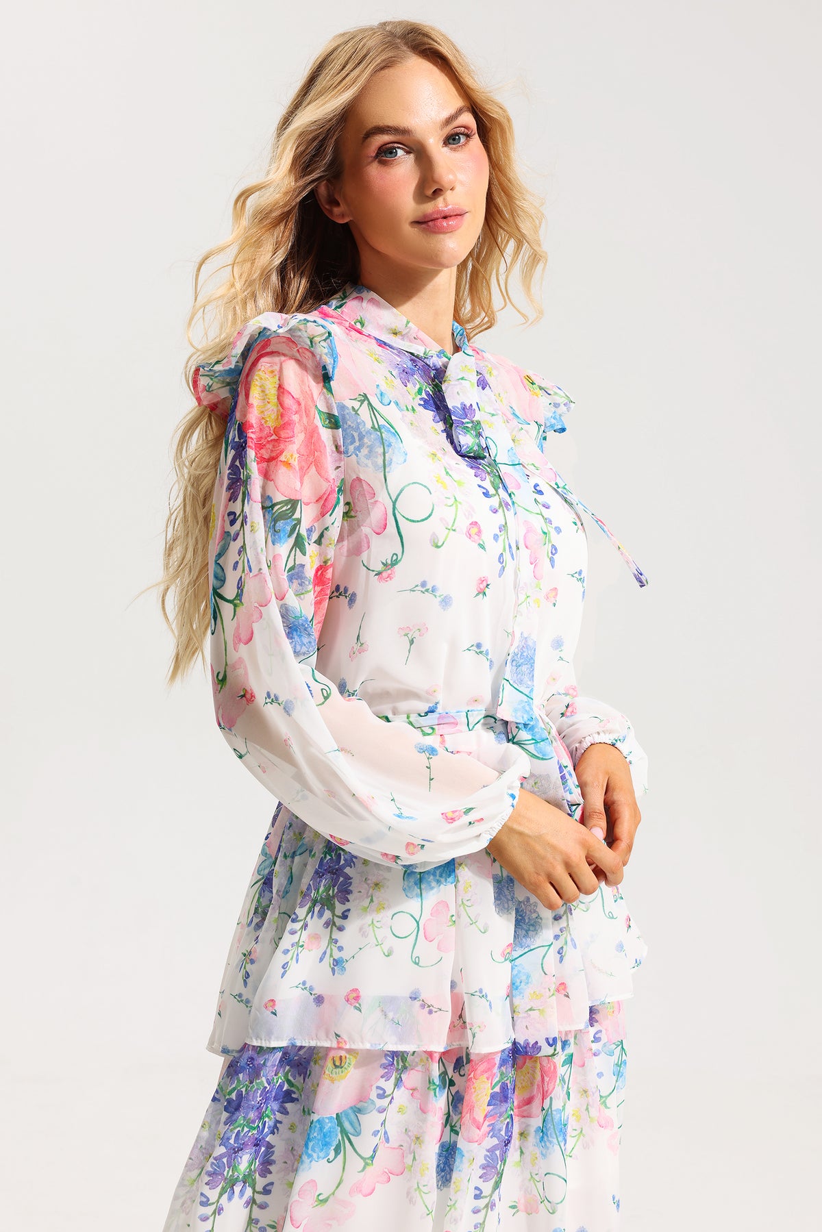 Ruffle Long Sleeve Midi Dress With Belt