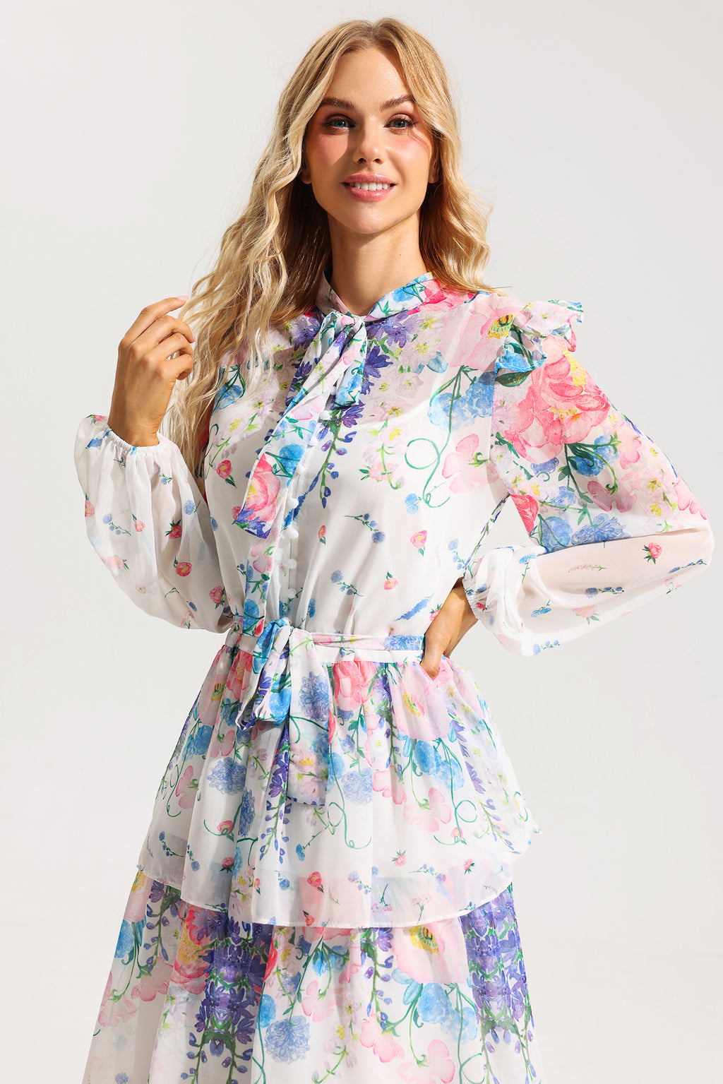 Ruffle Long Sleeve Midi Dress With Belt