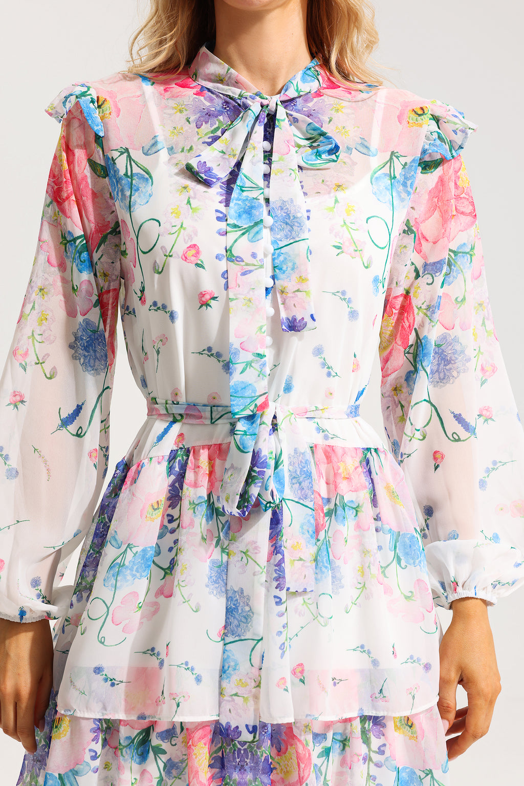 Ruffle Long Sleeve Midi Dress With Belt
