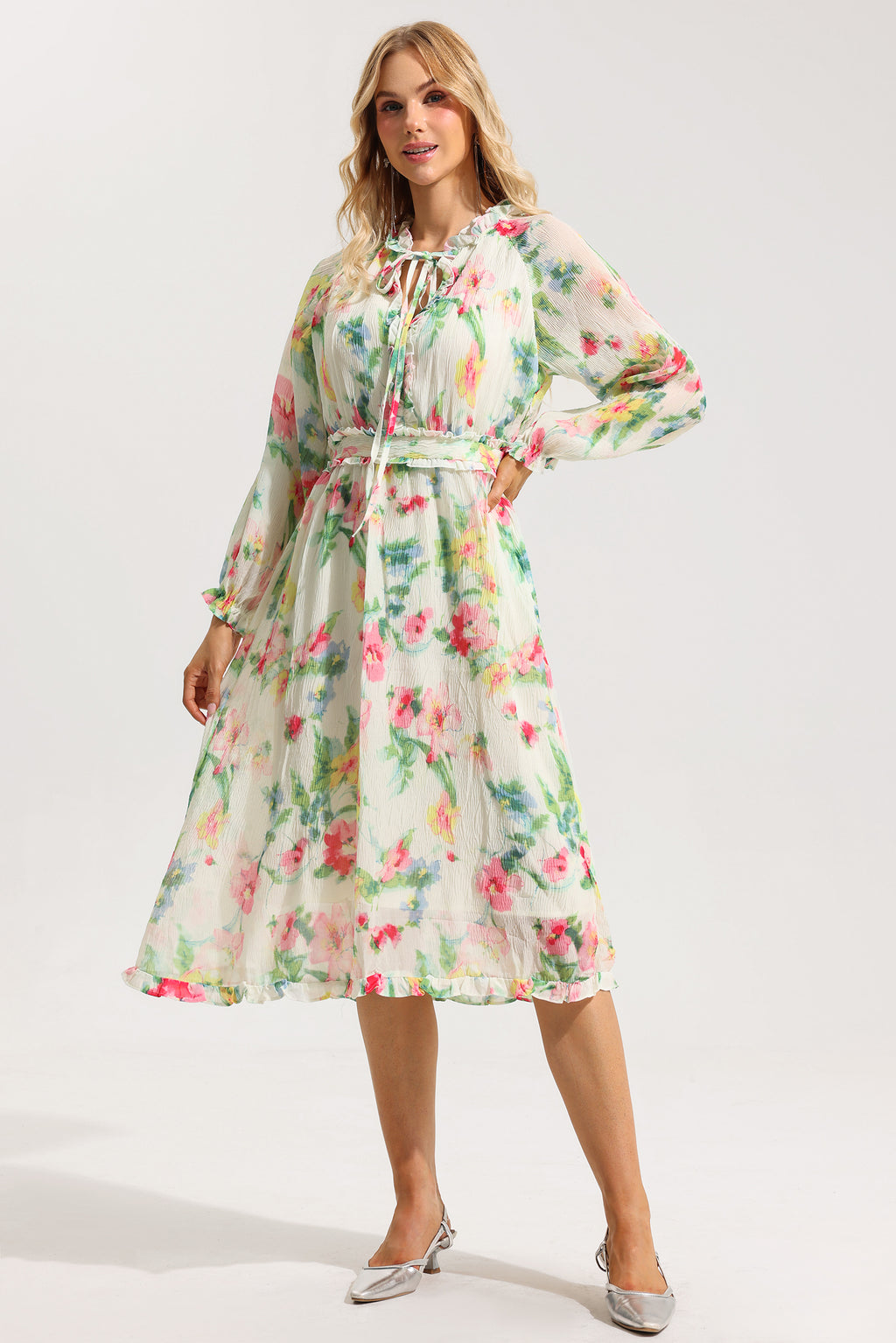 Lace Up Frill Midi Dress