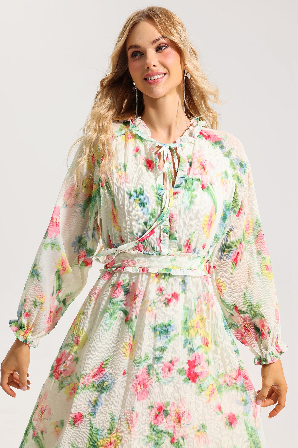 Lace Up Frill Midi Dress